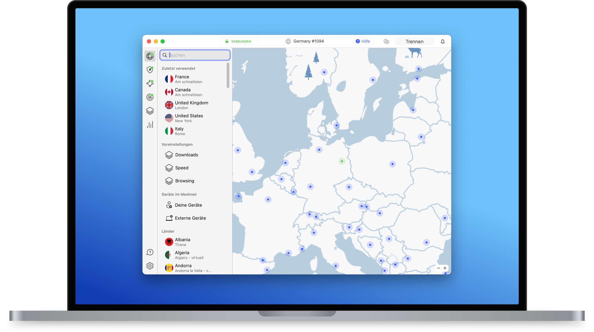 NordVPN App auf dem MacBook – verbunden